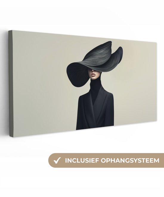 Tableau sur toile 80x40 cm - Décoration murale exclusive - Femme Zwart avec chapeau - Décoration murale pour salon - Décoration de chambre - Accessoires de décoration - Peintures sur toile