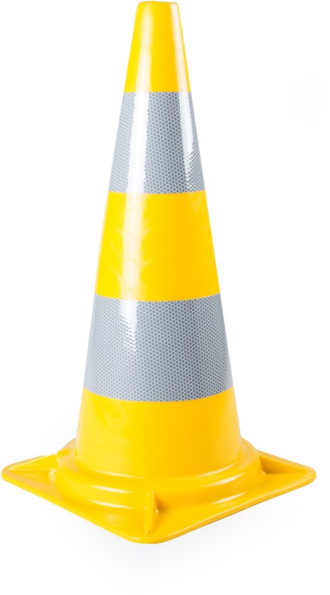 Gele pion van 50 cm hoog met twee reflecterende zilveren banden, op een vierkante basis.
