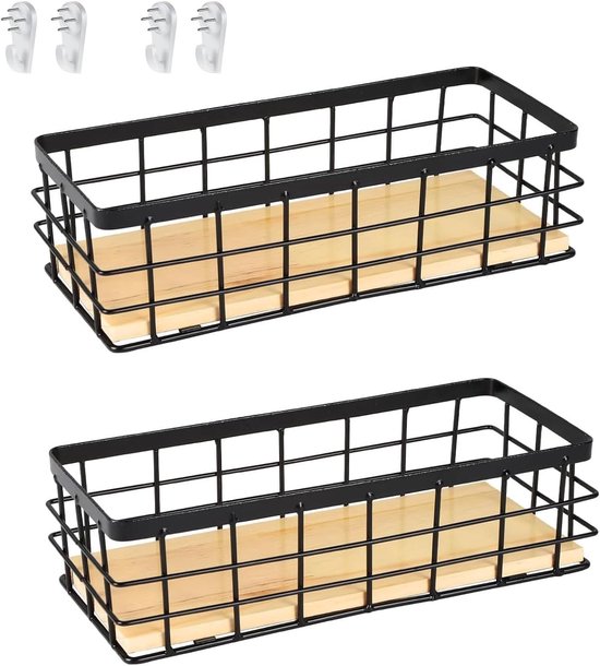 Draadmand, metalen mand, zwart, decoratieve manden, huishouden, wandmand, metaal, badkamer, opbergmand, metaal,houten sokkel voor fruit, snacks, keuken, eetkamer (1 stuks