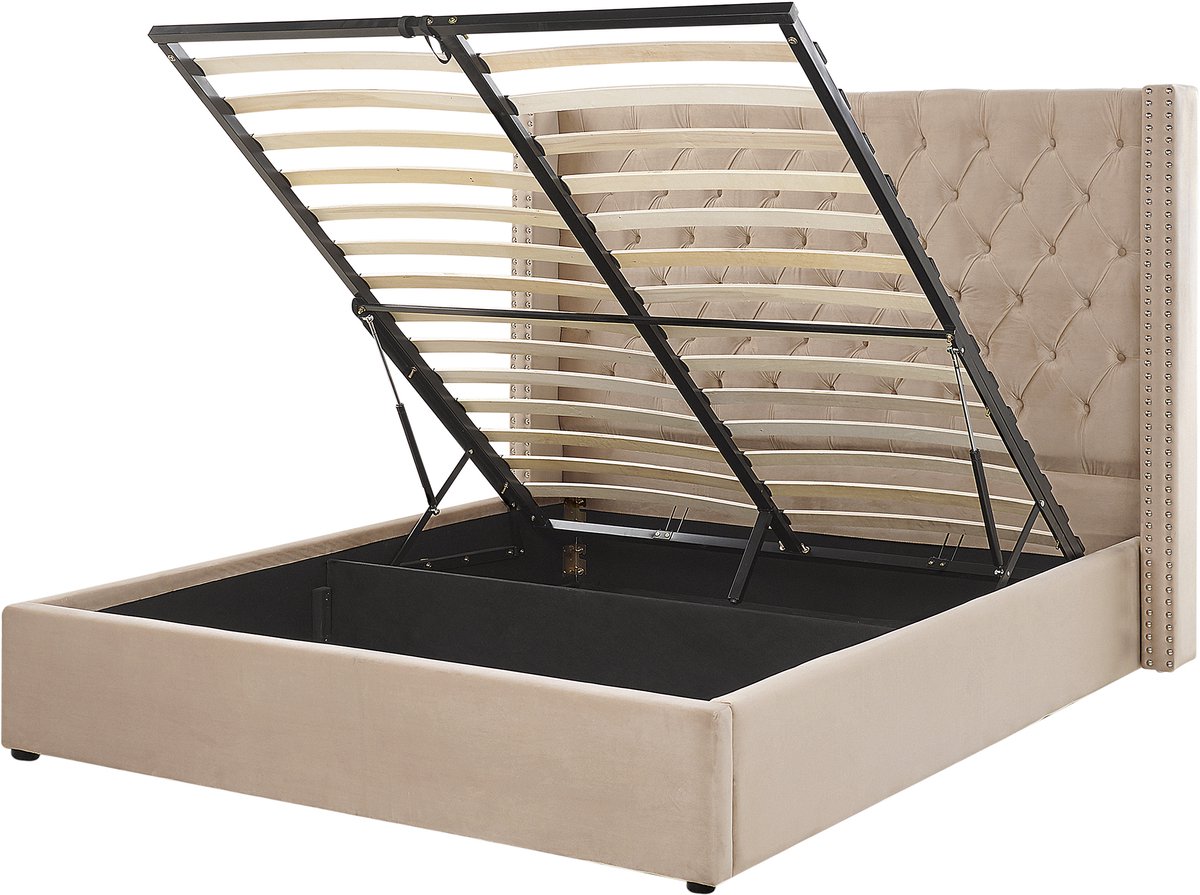 BELIANI LUBBON - Bed met opbergruimte - Beige - 160 x 200 cm - Fluweel