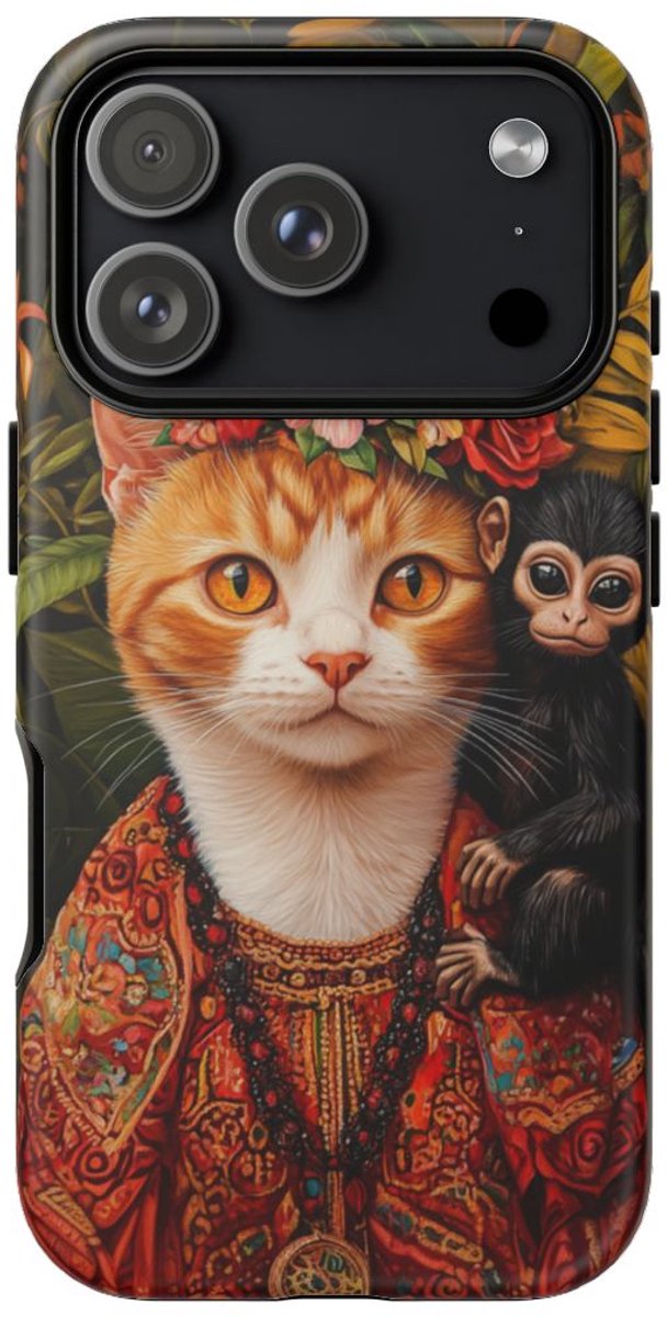 Gemberkleurige Kat met Bloemenkroon en Aapje – Telefoonhoesje Geschikt voor iPhone 17 Pro