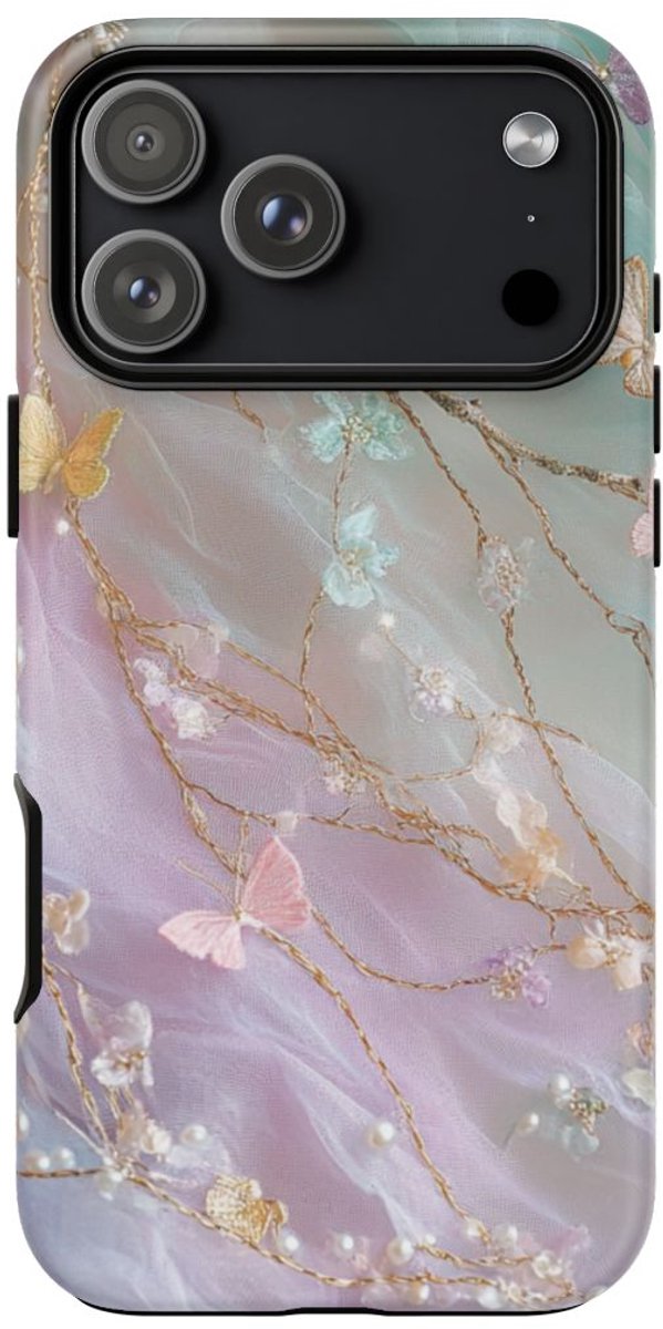 Pastel Vlinders en Parelborduursel – Telefoonhoesje Geschikt voor iPhone 17 Pro Max