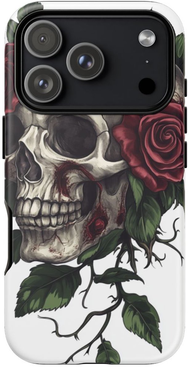 Schedel met Rode Rozen en Groene Bladeren – Telefoonhoesje Geschikt voor iPhone 17 Pro