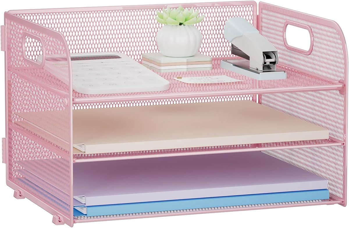 Papieren bureau-organizer met handvat en 3 lagen, roze