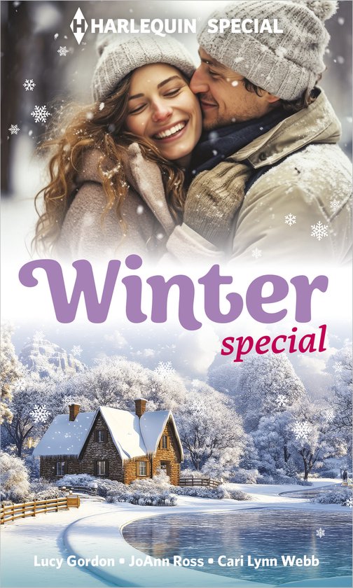 Een stel omhelst elkaar, met sneeuwvlokken die naar beneden dwarrelen. De tekst 'Harlequin Special Winter special' staat in paarse letters.