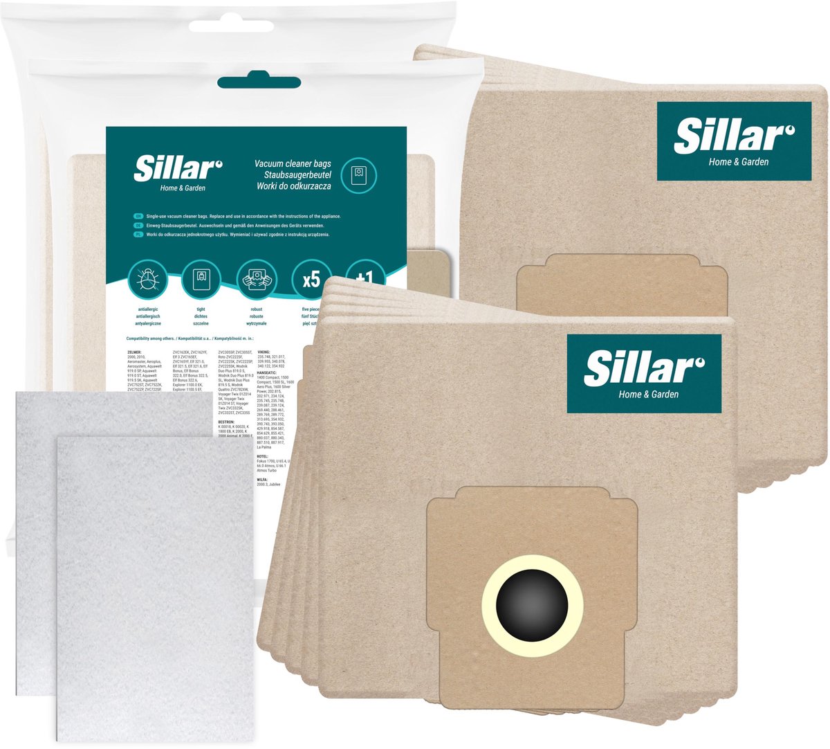 Sillar, set stofzuigerzakken, papier 10 stuks + 2x inlaatfilters, 2 filterlagen, vervangingsonderdeel, geschikt voor stofzuigers Zelmer Elf Cobra Meteor Odyssey