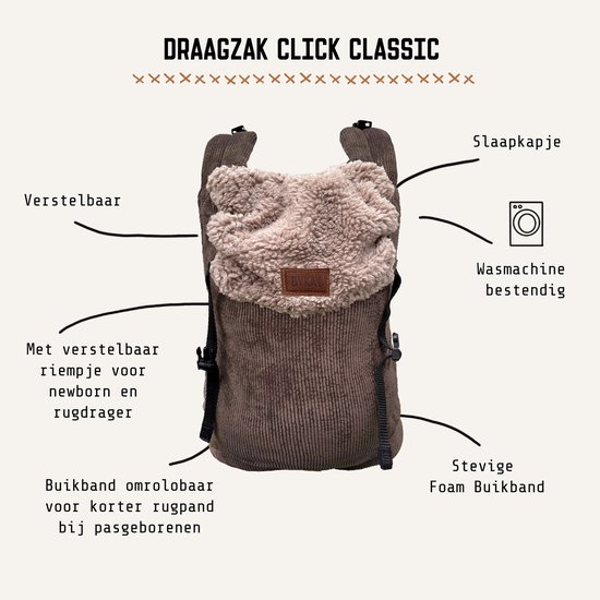ByKay Draagzak Click Carrier Classic - Ergonomische Draagzak Baby van broekmaat 62/68 tot +/- 2 jaar - Comfortabel & Snel met Click & Go - voor Buik, Heup en Rug - Ribbed Velvet Chocolate Brown Winter