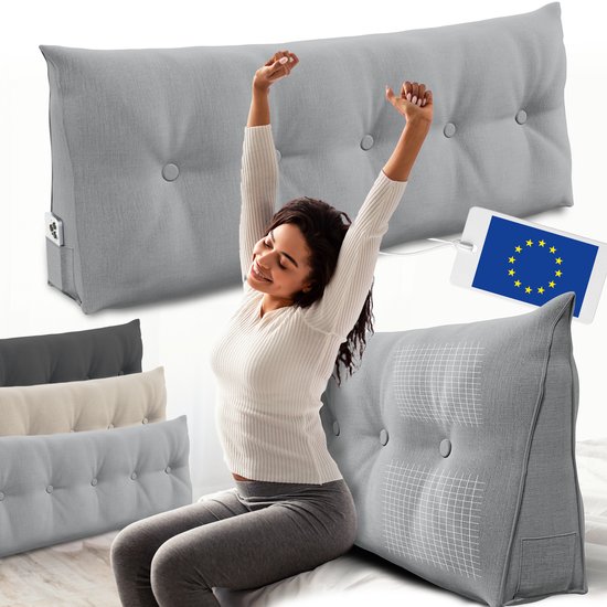 ELONEO Rugsteunkussen – Driehoekig Wigkussen & Hoofdbordkussen voor Bed of Sofa - Wasbare Hoes - 140 cm