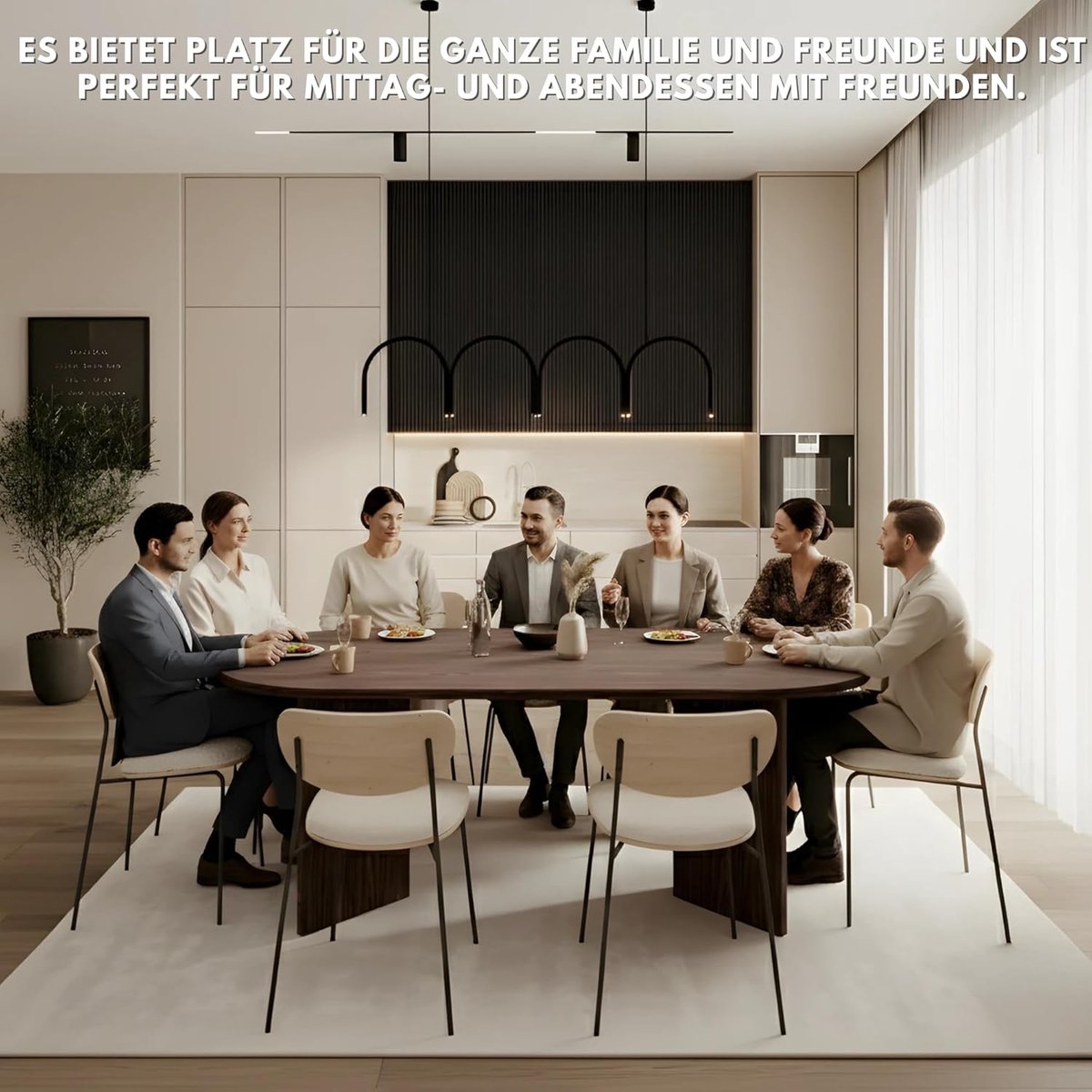 Elegante Ovale Eettafel 90 x 204 cm, Wisconsin Notenhouten Afwerking, Duurzaam Geëngineerd Hout, Moderne Keuken- en Eettafel voor 6–8 Personen – Meda Home Store