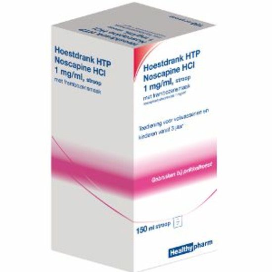 Doosje Hoestdrank HTP Noscapine HCl 1 mg/ml, 150 ml, met frambozensmaak.