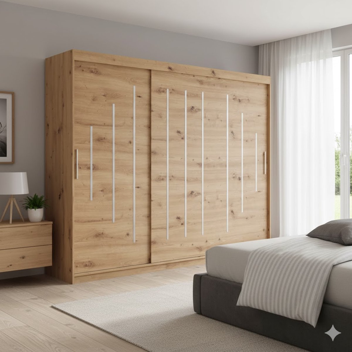 Moderne Schuifdeurkast 250x200x62 cm – Kledingkast met Kledingstang en Plank voor Slaapkamer en Woonkamer – Scratch Resistant, Artisan Oak