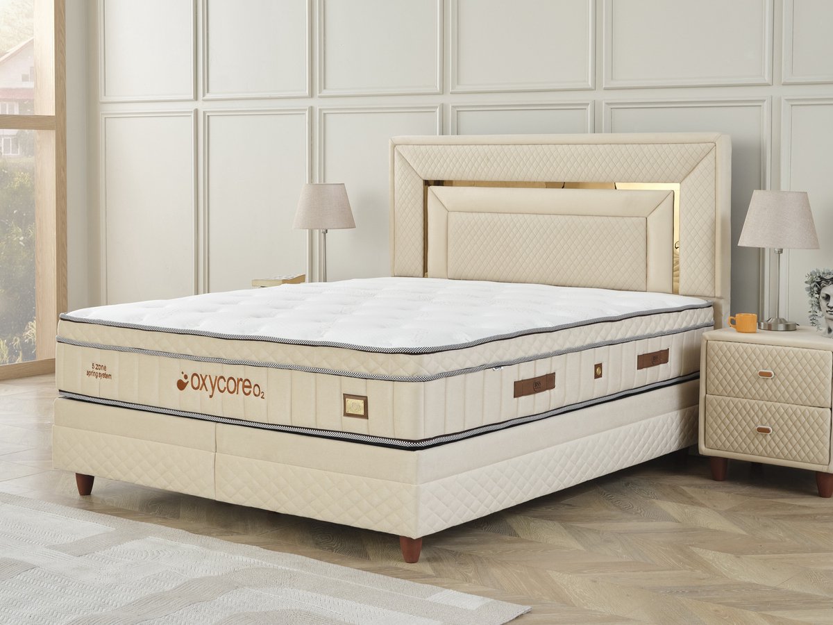 BSS Bedding Oxycore - Complete Boxspring - Boxspring 160x200 - Boxspring met Opbergruimte - Bedden - Slaapkamerbed - 1 x Matras met Topper - 2 x Bedbox - 1 x Hoofdbord - Vlekbestendige & Gemakkelijk te Reinigen Stof