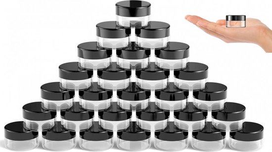Pots en plastique - 10 ml - Lot de 30 - Pots cosmétiques - Pots vides avec couvercles - Mini pots à crème - Rechargeables - Bouteilles de voyage - Accessoires de voyage - Pots transparents avec bouchon à vis - Idéaux pour le maquillage
