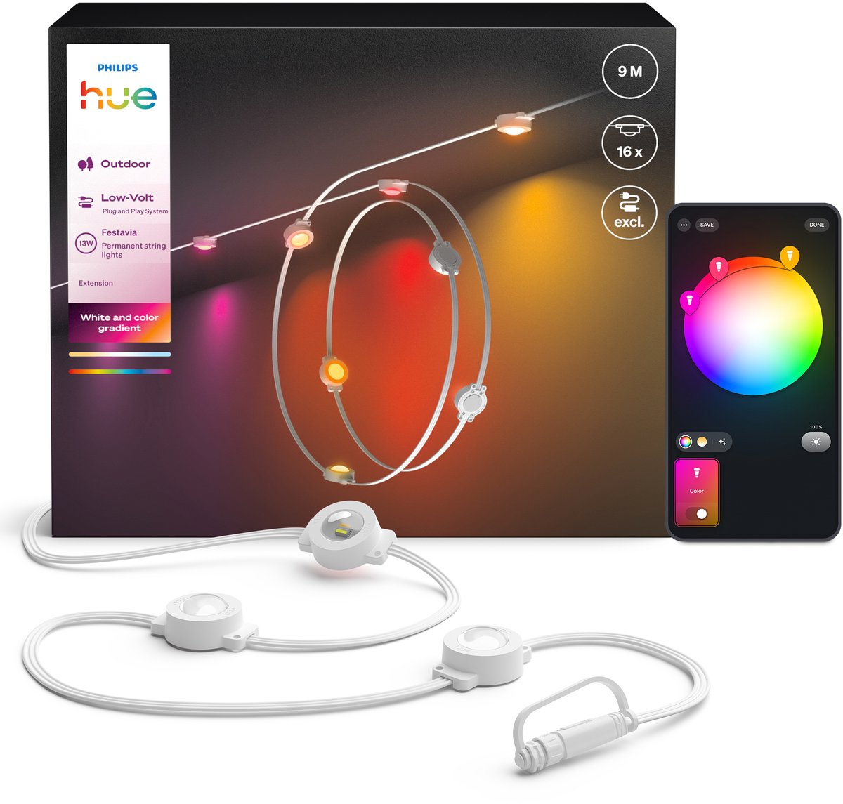 Philips Hue Festavia permanent Uitbreiding - Witte snoer 9m met 16 lampen - Wit en gekleurd licht met kleurverloop - Tot 50 lumen per lamp — afbeelding 1