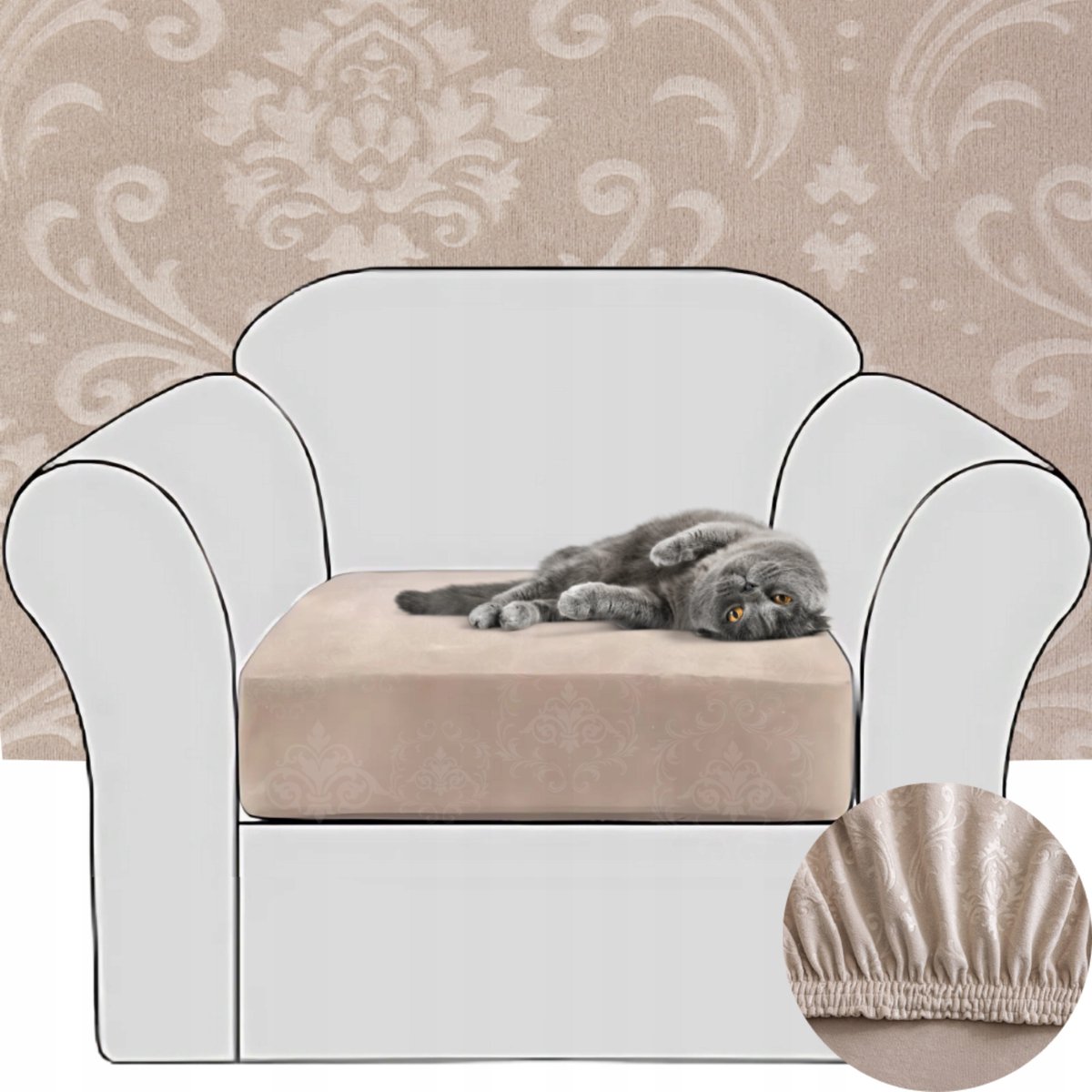 Elastische Velours Bankhoes met Ornament - Beige