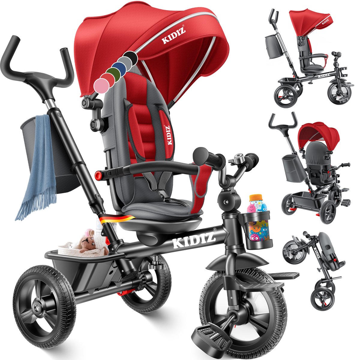 KIDIZ® Loopfiets Driewieler 5in1 Kinderfiets kinderdriewielerfiets 1 jaar vooruit en achteruit Jogger , mand tas drinkhouder zonnekap rubberen wielen, buggy fiets baby opvouwbaar driewielfiets - Rood