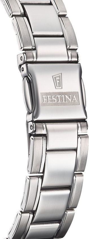 Sluiting van een zilverkleurige Festina horlogeband met ingegraveerd logo.