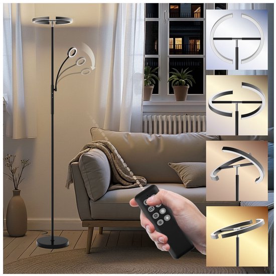 tectake® LED- Lampadaire - Lampadaire à intensité variable - Lampe à arc - Lampadaire avec lampe de lecture et télécommande - Lumière d'ambiance pour salon, chambre à coucher, table de chevet - Lampe de lecture ou lampe de bureau - Zwart