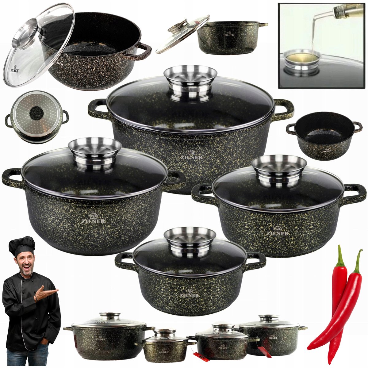 Gouden Marmite Set 8 Delig - Non-Stick, Inductie & Oven Geschikt