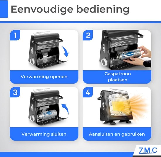 Z.M.C 2-in-1 draagbare gaskachel en gasfornuis + 8 gaspatronen 227 g, campingkachel 1,7 kW, perfecte warmtebron zonder stroom, gaskachel voor buiten, terrassen, mobiele terrasverwarming met piëzo-ontsteking van Merkloos — afbeelding 3