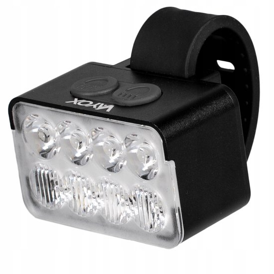 Zwart Vayox fiets voorlicht met 5 heldere LED's, knoppen bovenop en USB-C aansluiting.