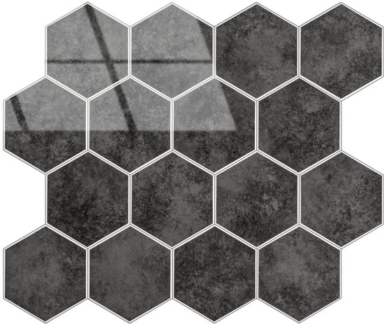 Carreaux de mosaïque hexagonaux individuels en marbre anthracite avec des bordures blanches.