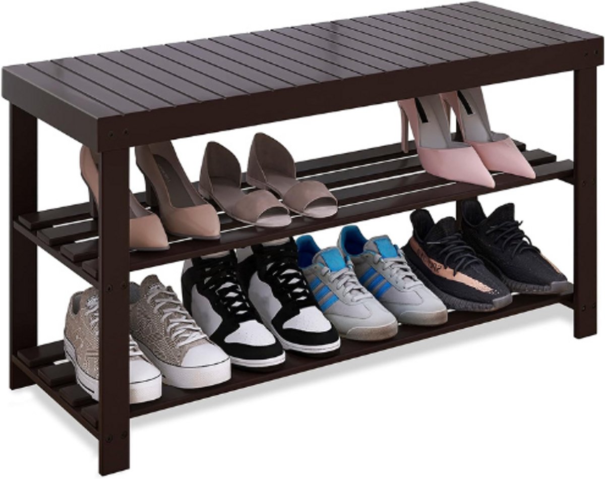 BOG Bamboe Schoenenrek Voor Onder Bank - 3-Laags Schoenen Organizer - Opbergplank Voor Hal, Badkamer, Woonkamer - Donkerbruin