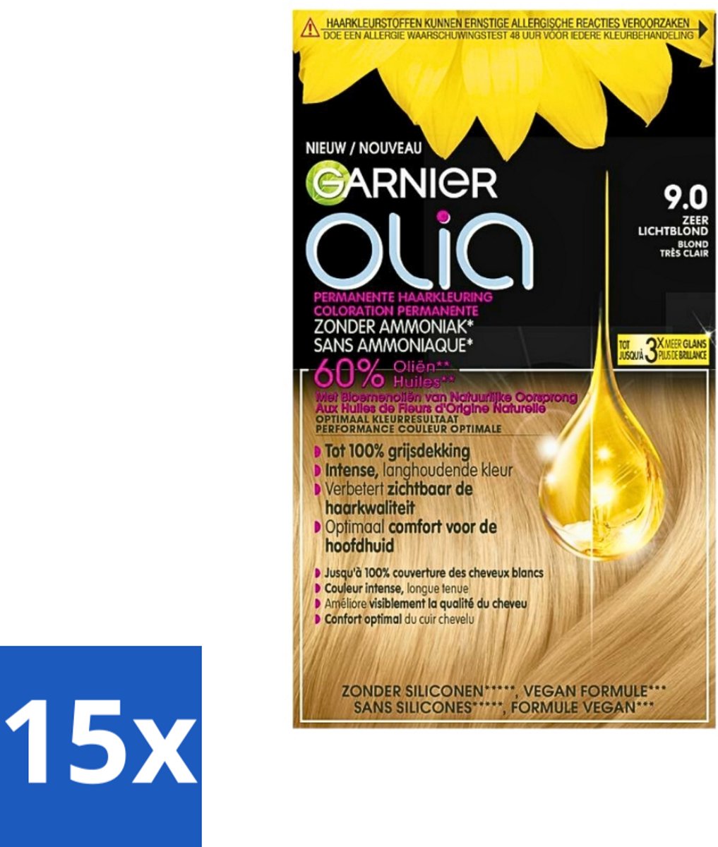 15 x Garnier - Olia 9 - Haarkleuring - Zeer Lichtblond - Zonder Ammoniak - Intense Langhoudende Kleur - Haarkleuring - Permanent Haarkleuring - Zonder Ammoniak - Grijsdekking - Intense Kleur