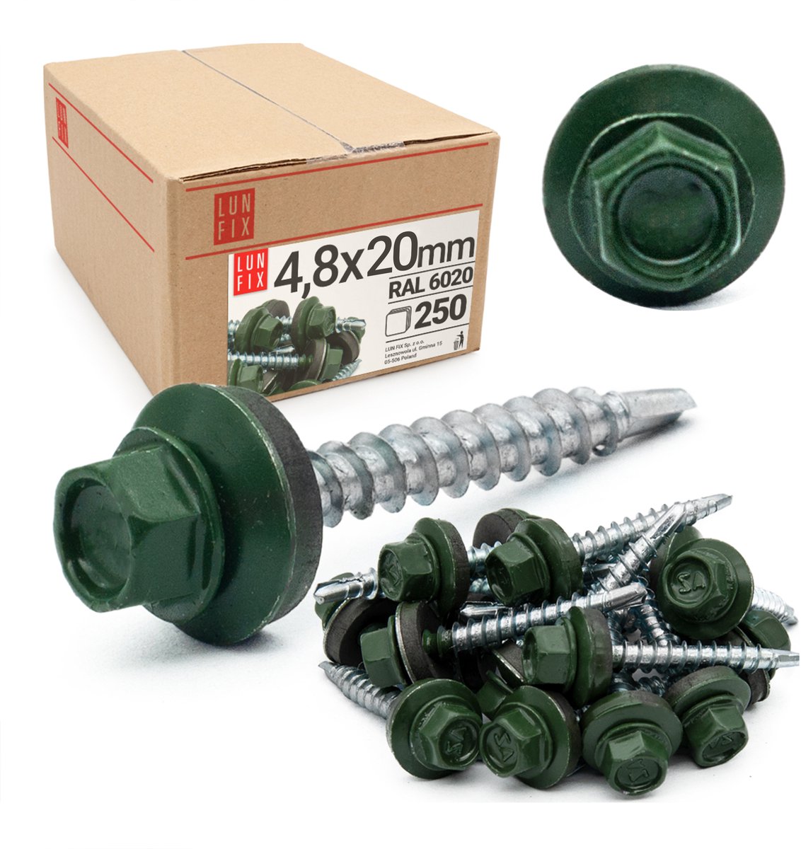 LUN FIX - Trapezblechschroeven - 250 Stk. - 4,8x20 mm - RAL 6020 (Chromoxidgroen) - Zeskantschroeven van staal