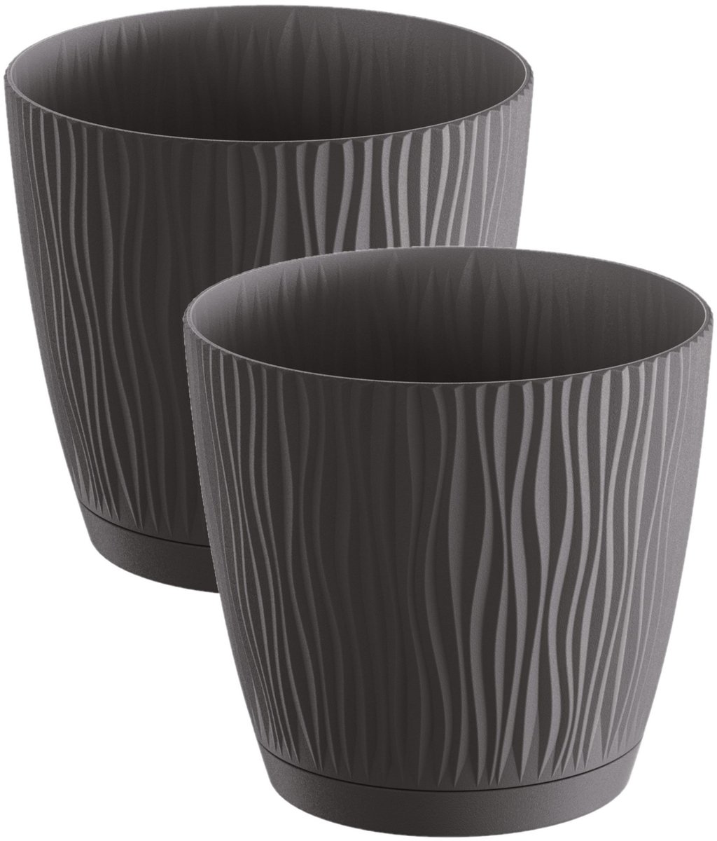 Prosperplast Plantenpot/Bloempot Waves - 2x stuks - kunststof - antraciet - D13 x H12 cm - binnen/buiten - met opvangschaal