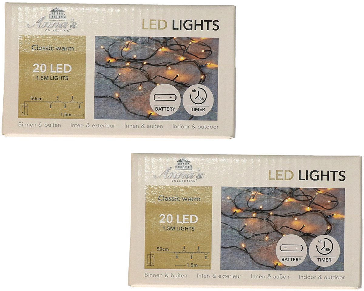 Anna's Collection Kerstverlichting Ivy - 2x - 20 led lampjes - warm wit - 150 cm - lichtsnoer - dimmer