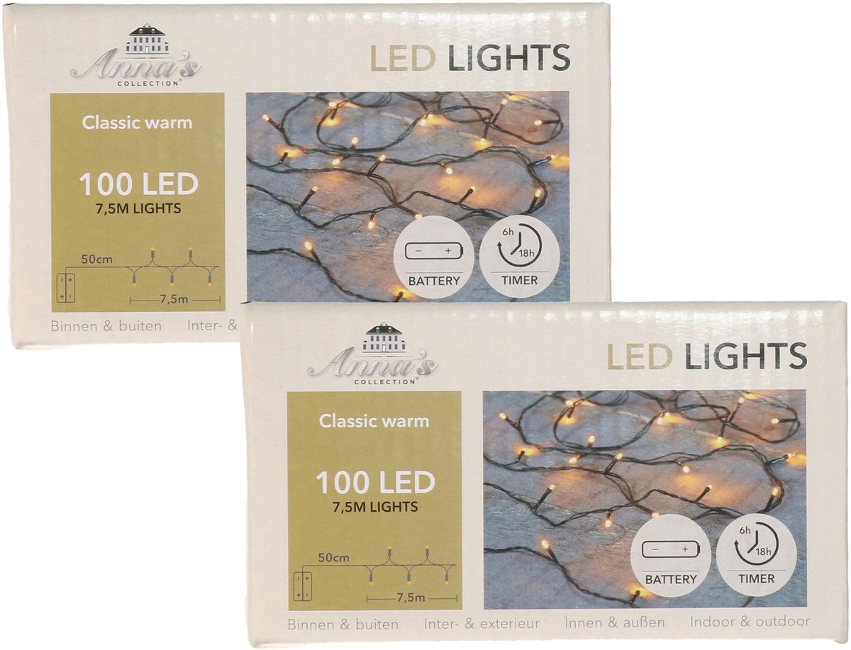 Anna's Collection Kerstverlichting LED Ivy - 2x - 100 leds - 750 cm - warm wit - lichtsnoer - dimmer