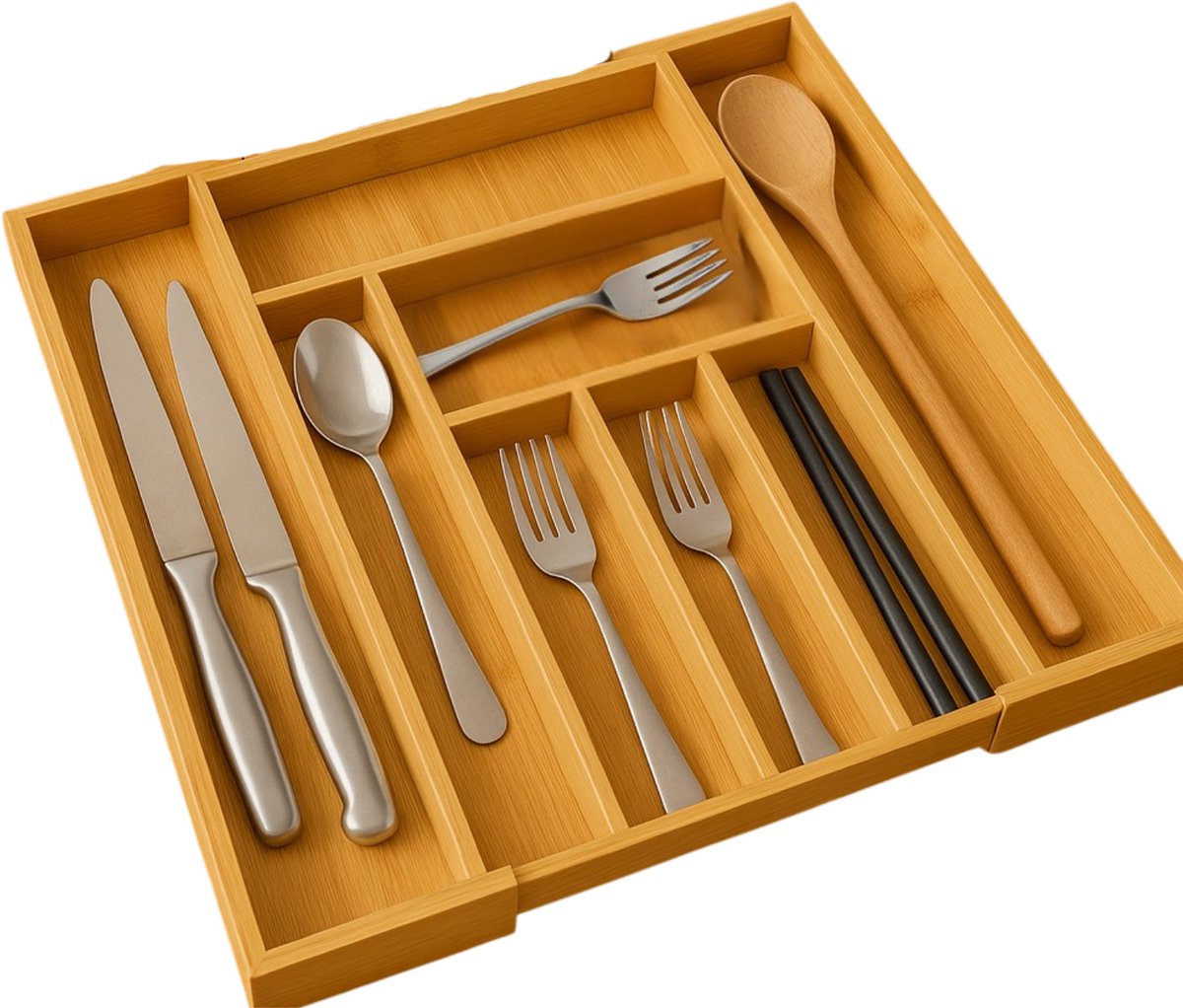 Lomera Uitschuifbare Bestekbak - Bamboe Hout - Lade Organizer - Verstelbare Bestekbak - Keukenlade Organizer - Besteklade Uitschuifbaar - 8 Vakken - Past in Keukenla - Naturel Hout