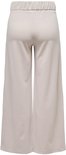 Achterkant van een beige wijde broek met elastische tailleband.