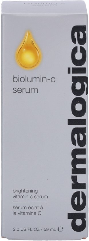 Dermalogica Biolumin-C Serum doosje met productinformatie en een serum druppel.