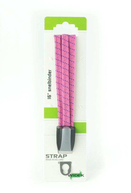 Roze snelbinder van 16 inch met paarse stipjes en zwarte haak.