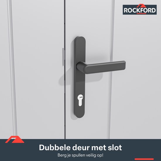 Rockford Porto 200 metalen tuinhuis met lessenaarsdak - Tuinschuur met centraal slot, polycarbonaat ramen en regenpijpen - 232 x 254 cm - Lichtgrijs