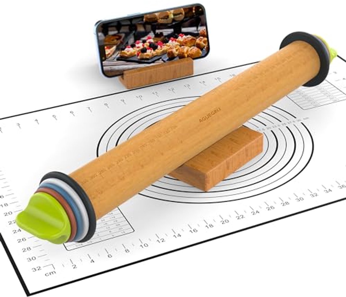 Verstelbare Deegroller met 4 Dikte Ringen en Gebak Bakmat - 34,5 cm