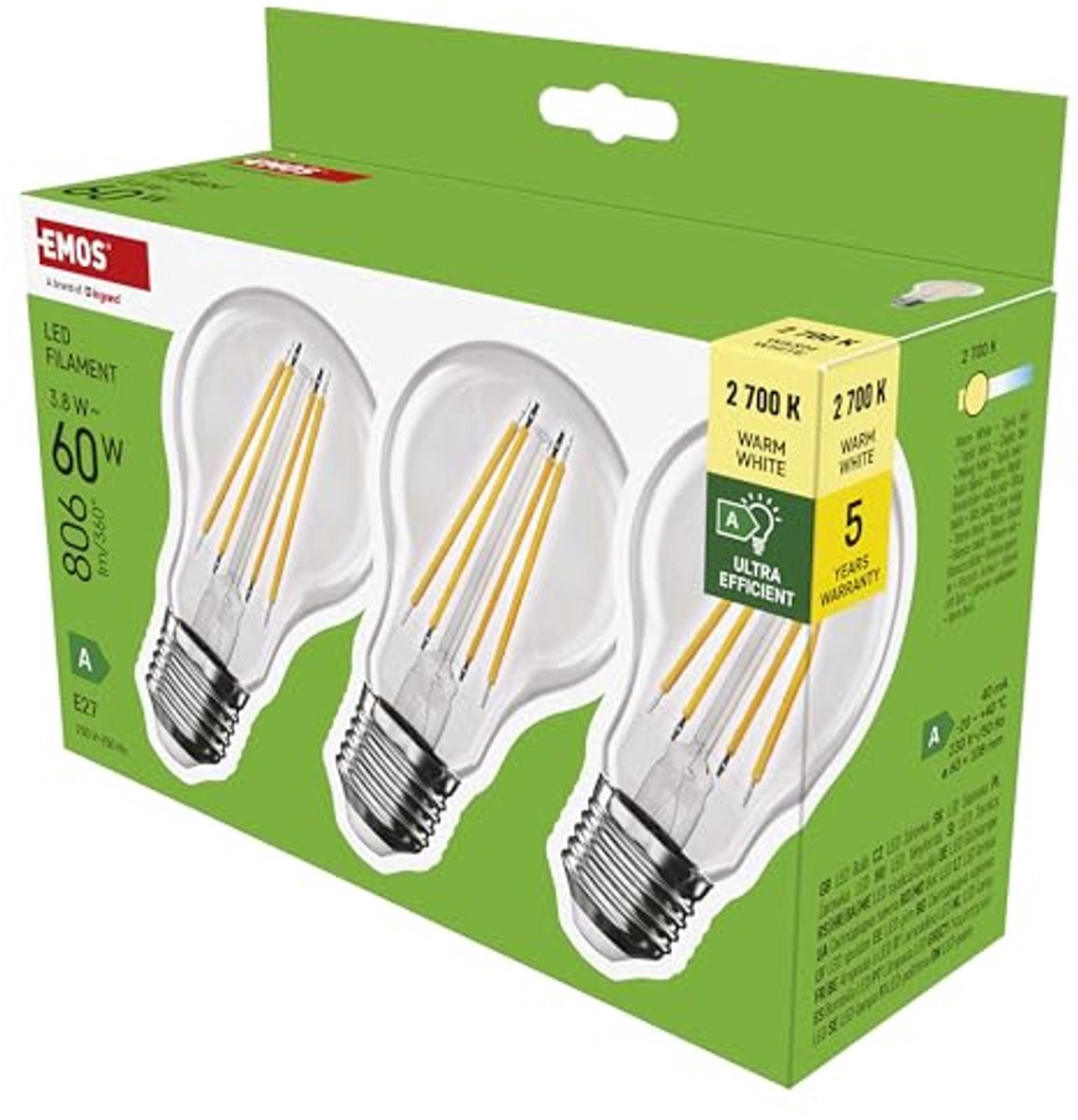 LED Filament A60 Gloeilamp - E27 Fitting - Warm Wit - 806 Lumen - Energiezuinig - 3-Pack