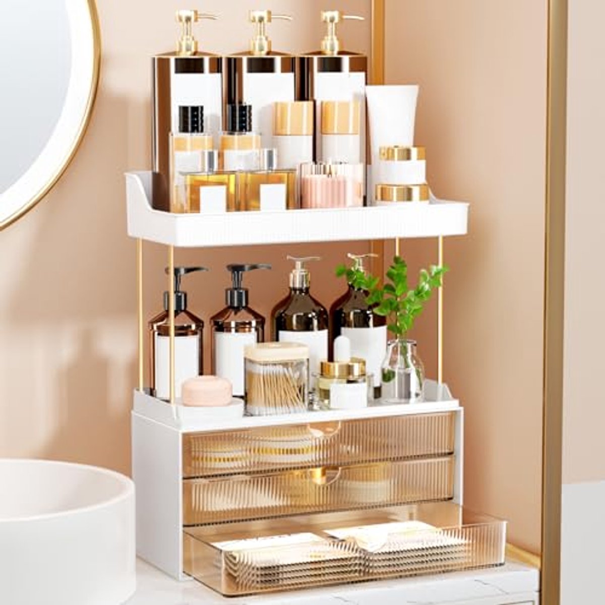 Make-up Organizer met 2 Etages en 3 Laden - Grote Vanity Organizer voor Cosmetica en Badkamer