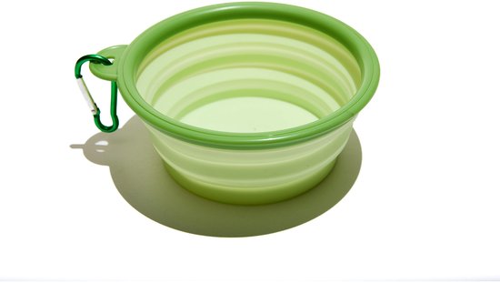 Groene opvouwbare bak, open met musketonhaak.