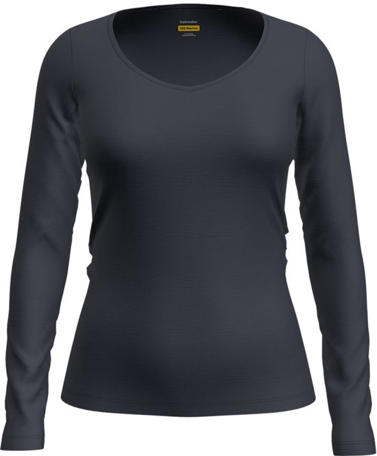 Donkergrijs Icebreaker merino longsleeve shirt met V-hals, op de voorkant een label met '150 Merino'.