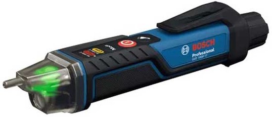 Blauwe en zwarte Bosch Professional contactloze spanningstester met een groene LED aan de voorkant.