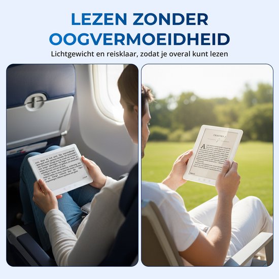 Man leest in een vliegtuig en op een terras met de lichtgewicht Veloura e-reader. Lees zonder oogvermoeidheid, waar dan ook.