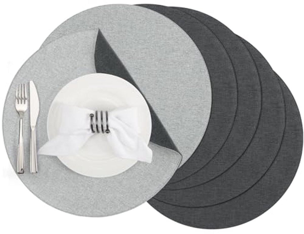 Ronde Dubbelzijdige Placemats - Set van 6 - Afwasbaar en Antislip (38 cm, Lichtgrijs-Grijs)