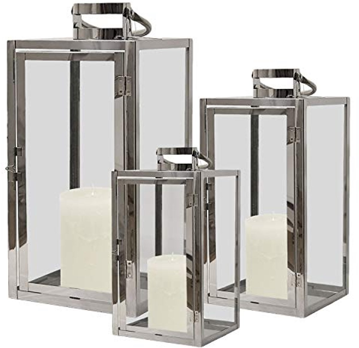 Elegante XL 3-delige Lantaarnset voor Tuin en Interieur - RVS en Echt Glas