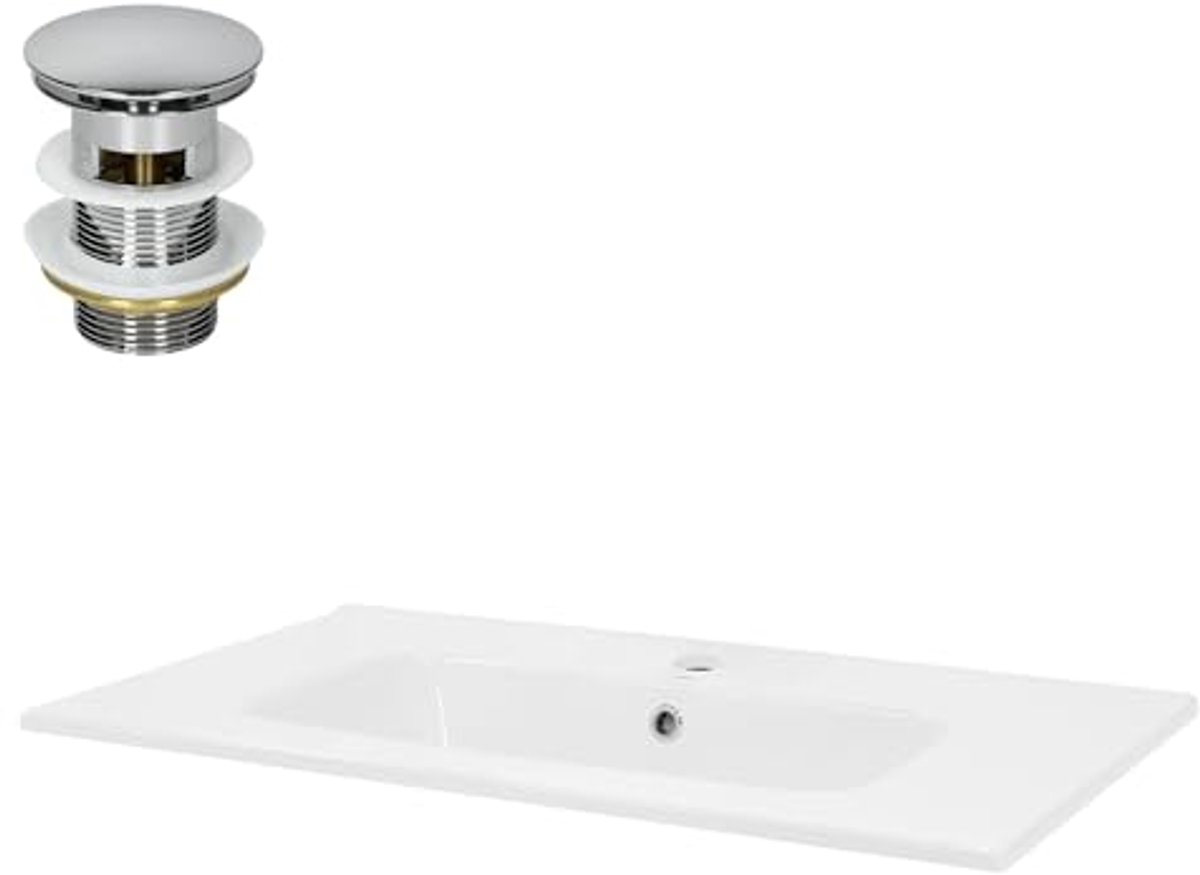 Witte keramische wastafel 81x16,5x46 cm met afvoergarnituur voor badkamer of gastentoilet