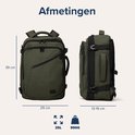 Olijfgroene rugzak met afmetingen 39x29 cm en breedte 13-19 cm, 25L en 990G.