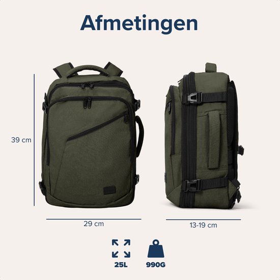 Olijfgroene rugzak met afmetingen 39x29 cm en breedte 13-19 cm, 25L en 990G.