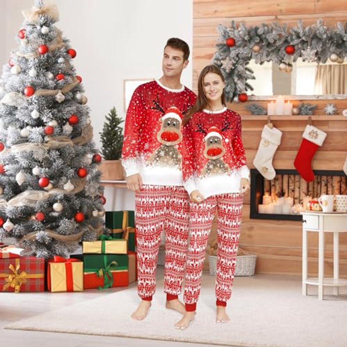 Kerst Pyjama Set Voor Het Hele Gezin Met Hertengewei - Lange Mouwen Top En Plaid Broek
